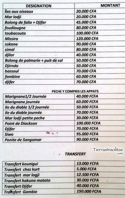 lista precios piragua delta del siné-saloum
